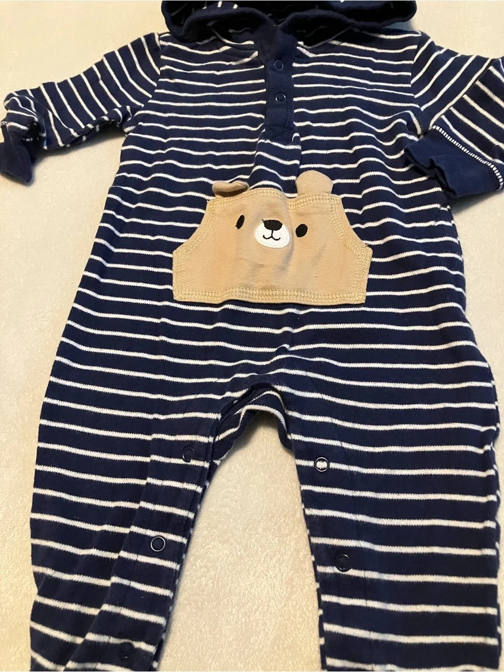 Striped Navy and White Hooded Baby One-Piece with Bear Pocket